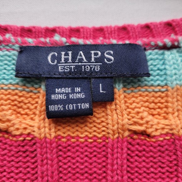 Chaps Cable Knit Striped Pastel Rainbow Cotton Sweater (Size: Large) - Picture 3 of 15